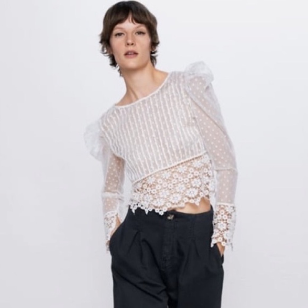 NWT ZARA Dotted Mesh Top/Crocheted hem embellished w/Beading/Pearls Sheer Blouse